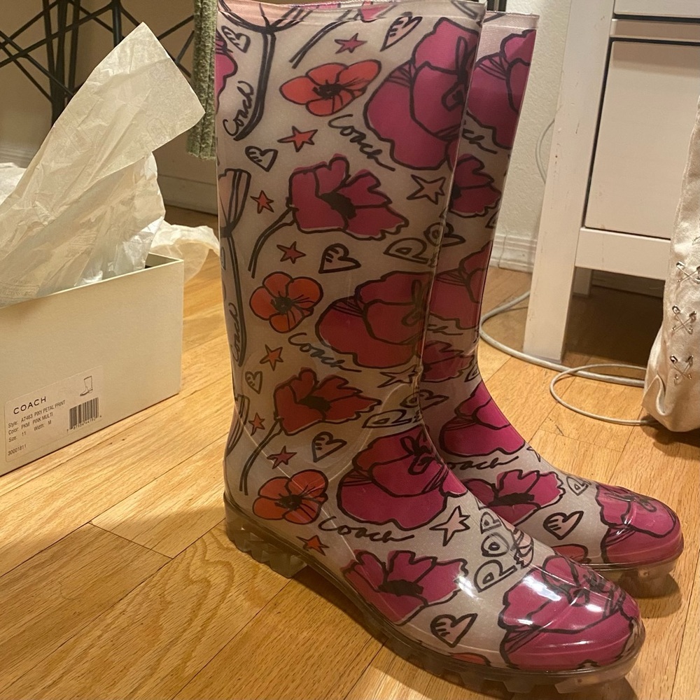 Pink and White Floral Rain Boots - Coach